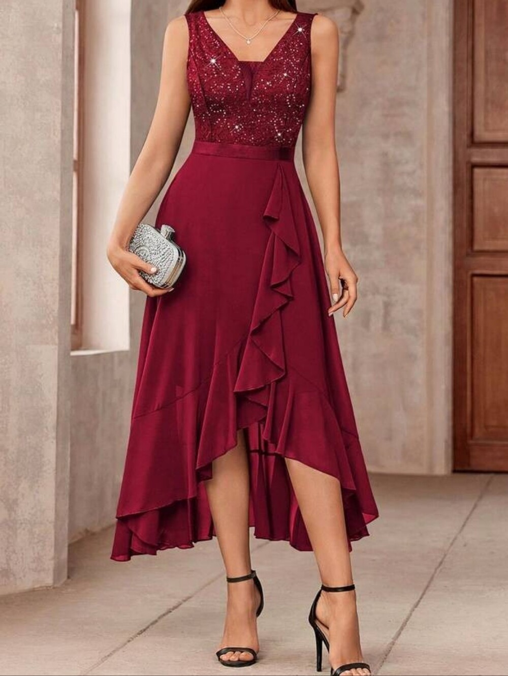 Miusol Red Sequined Lace High-Low Stretch Cocktail Dress Size Large